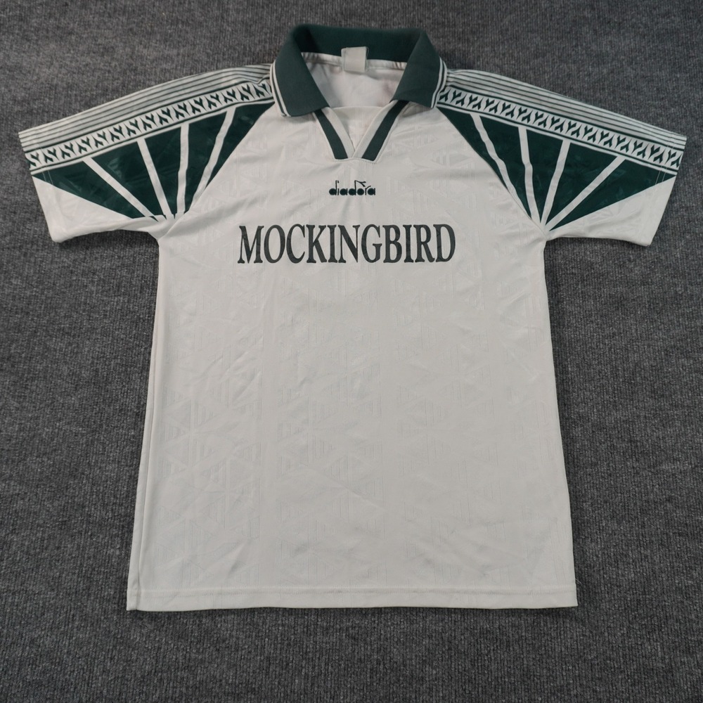 Vintage Diadora Mockingbird Soccer Jersey Mens Medium White Graphic Polo Shirt